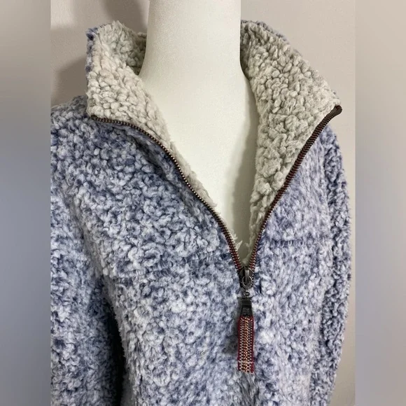 Large True Grit Blue Gray Sherpa Fleece Pullover Jacket w/ Small Side Slits - Picture 5 of 7